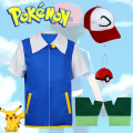 Anime Pokémon Cosplay Costume For Kids Ash Ketchum Blue Short Sleeve Jacket Coat Hat Gloves Poke Ball. 