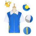 Anime Pokémon Cosplay Costume For Kids Ash Ketchum Blue Short Sleeve Jacket Coat Hat Gloves Poke Ball. 