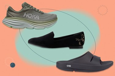 a collage of some of the best shoes for plantar fasciitis on a coral and teal background