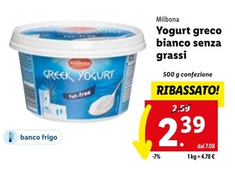 Lidl Milbona Yogurt greco bianco senza grassi 500 g confezione offerta