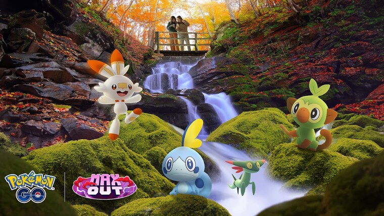 Scorbunny, Sobble and Grookey in a green valley