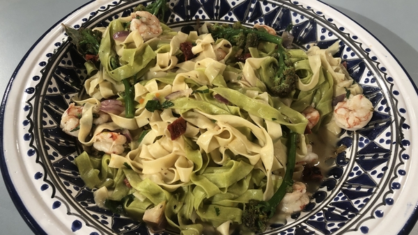 Prawn tagliatelle with purple sprouting broccoli & semi-sundried tomato.