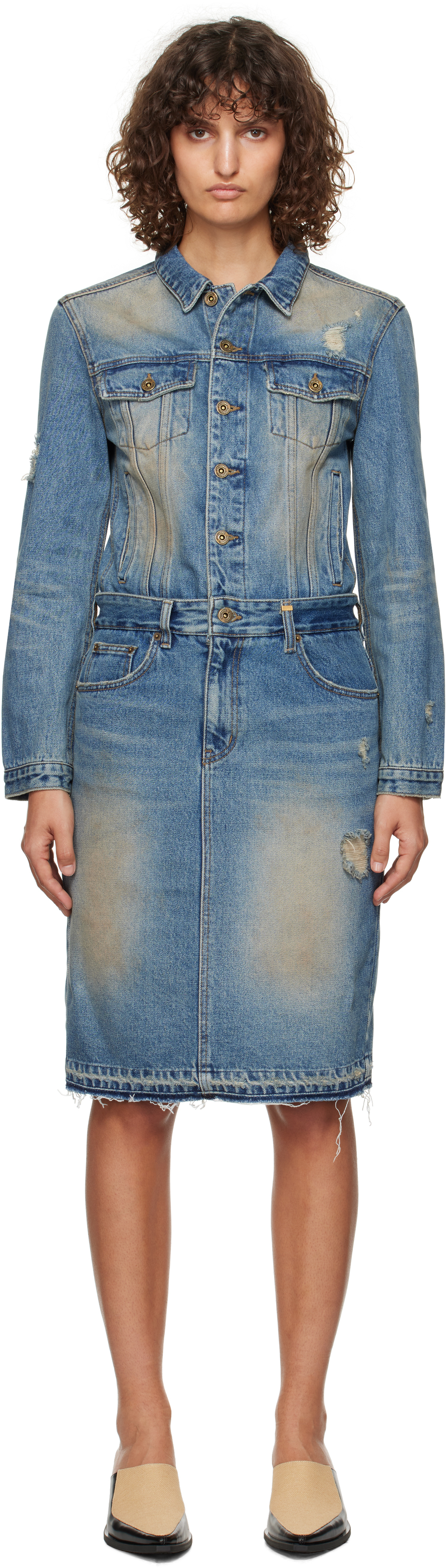 We11 Done Blue Washed Denim Midi Dress