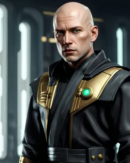 star wars bald male corellian jedi pilot wearing black and gunmetal grey old republic armored robes with gold trim inside the jedi temple holding a lightsaber with viridian green blade in left hand, centered head and shoulders portrait, hyperdetailed, dynamic lighting, hyperdetailed background, 8k resolution, volumetric lighting, light skin, fully symmetric details