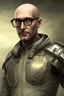 Placeholder: A bald guy with glasses against the background of the apocalypse