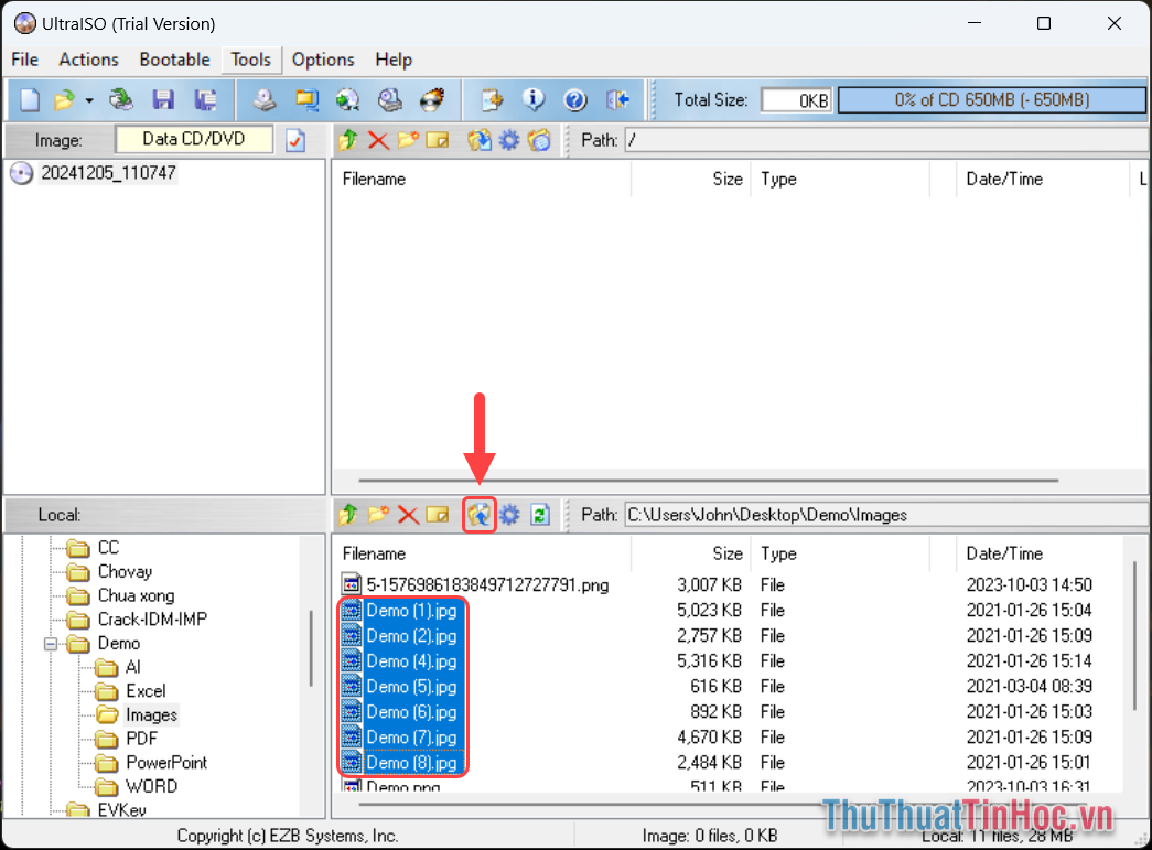 Chọn các file cần thêm vào ổ đĩa ISO và ấn Add để chuyển dữ liệu vào ổ đĩa