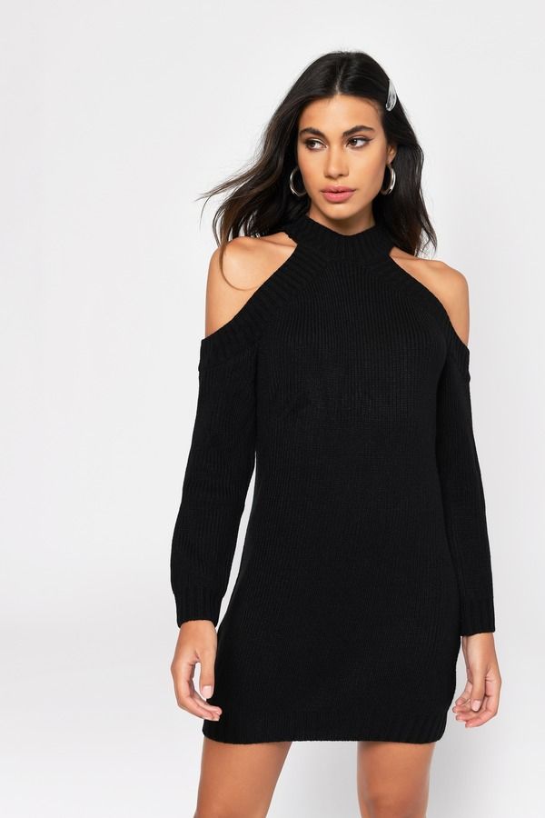 Half Thought Cold Shoulder Sweater Mini Dress - Black