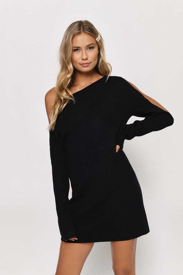 Olivia One Side Sleeve Sweater Mini Dress - Black