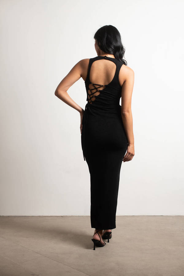 Rizalynn Black Slit Lace Up Maxi Dress