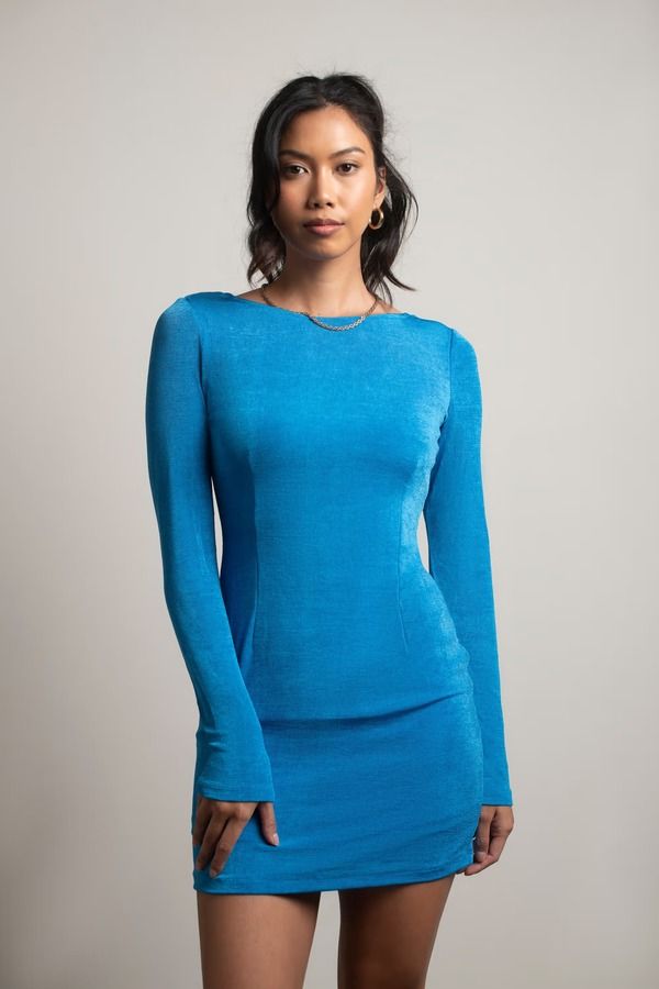 Love The Idea Long Sleeve Open Back Mini Dress - Blue