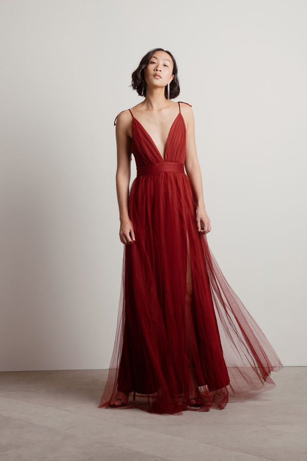 Slay The Night Deep V Double High Slit Maxi Dress - Burgundy