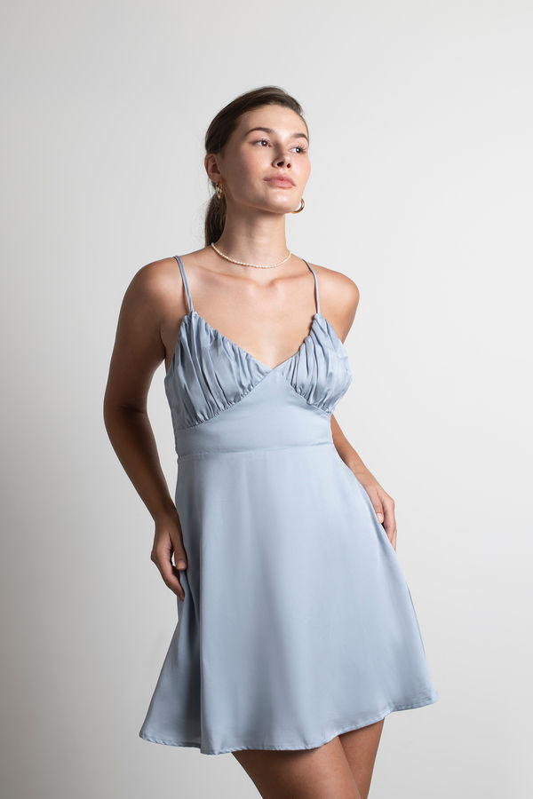 Heavenly Touch Satin Ruched Mini Dress - Icy Blue