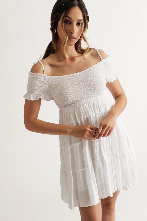 Jaida Off The Shoulder Tiered Mini Dress - Ivory