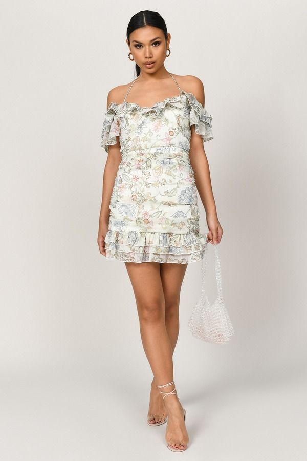 Rowena Floral Off The Shoulder Mini Dress - Ivory Multi