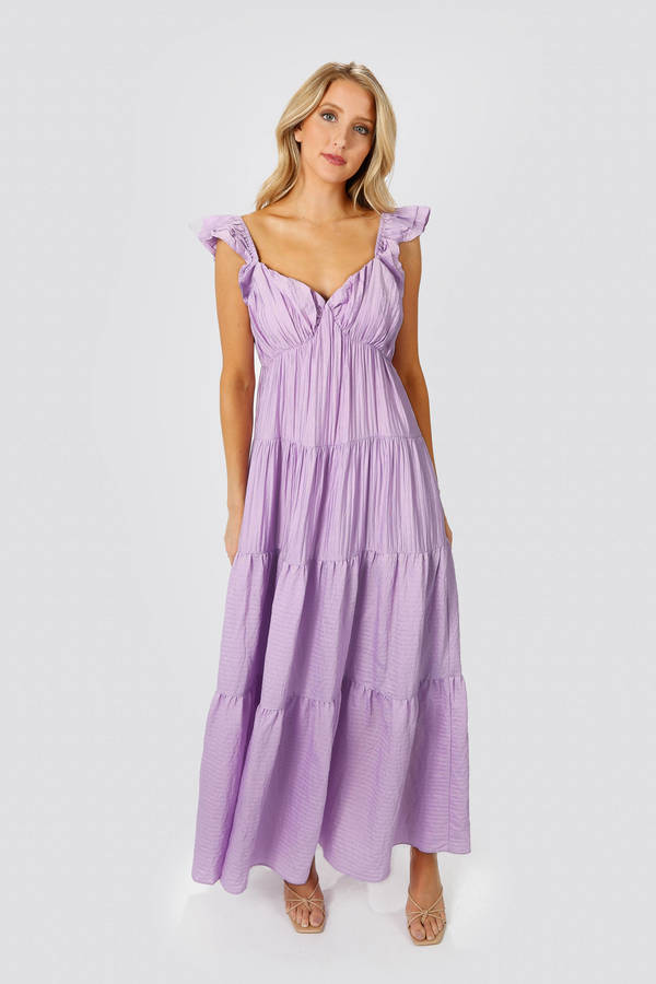 Mary Jane Tiered Ruffled Sleeves Maxi Dress - Lilac