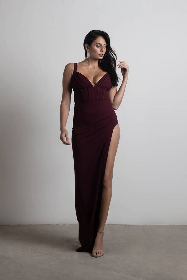 All Over Me Corset High Slit Maxi Dress - Maroon