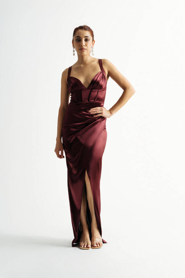 Last A Lifetime Maroon Satin Bustier Maxi Dress