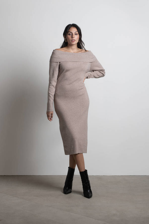 Come Around Off The Shoulder Sweater Midi Dress - Mocha