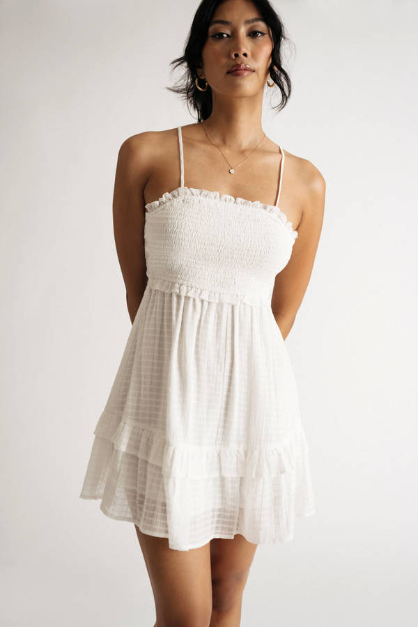 Keani Off White Smocked Tiered Skater Mini Dress