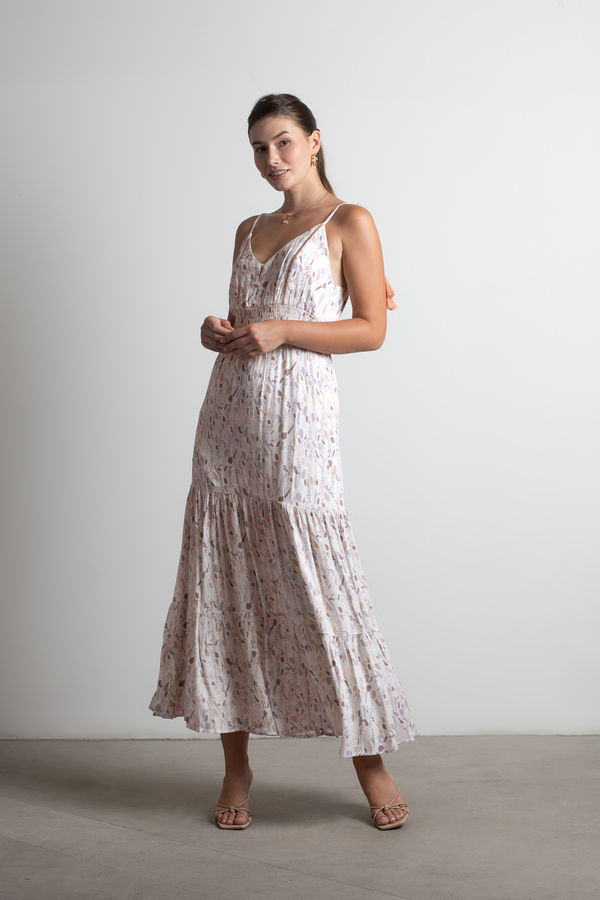 Count The Miles Abstract Print Tiered Maxi Dress - Off White Multi