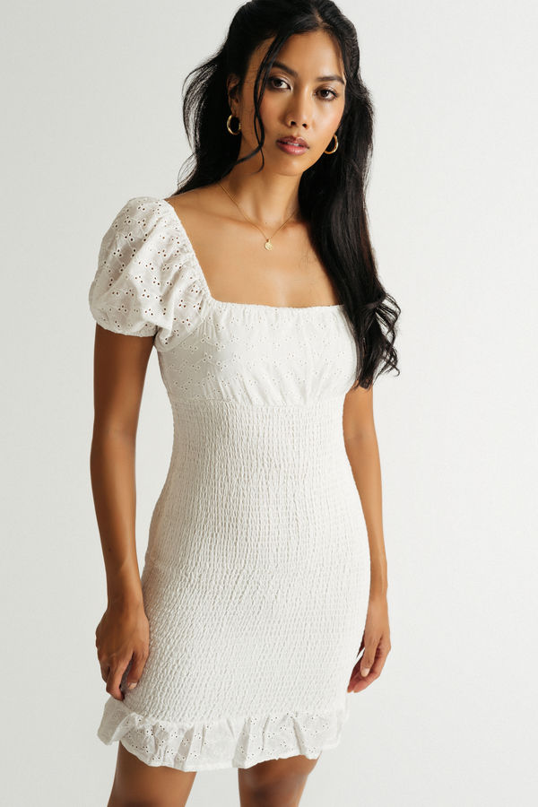 Namuro Smocked Puff Sleeve Mini Dress - Off White