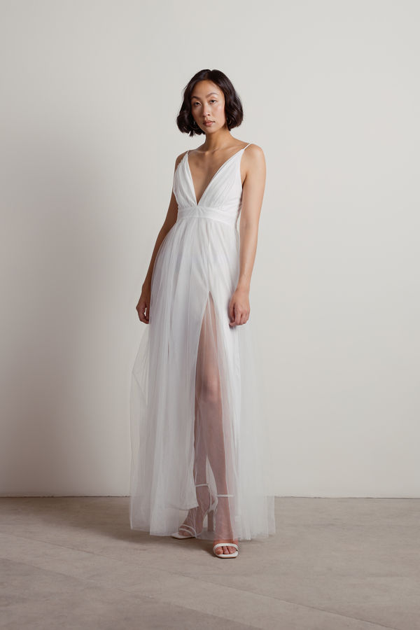 Slay The Night Deep V Double High Slit Maxi Dress - Off White