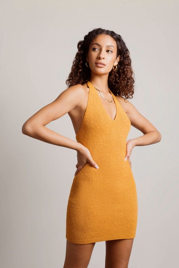 Aylah Halter Ribbed Knit Bodycon Mini Dress - Orange