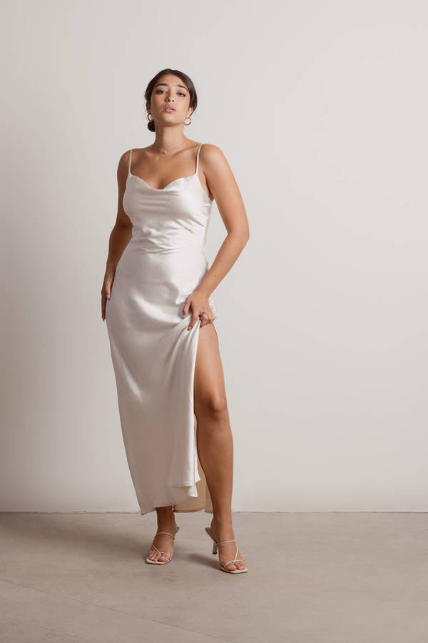 This Moment Satin Cowl Neck Maxi Sexy Prom Dress - Pearl