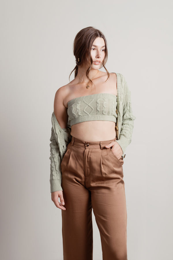 Isla Cable Knit Crop Top and Cardigan Set - Sage