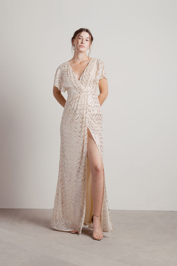 Dreaming of You Tonight Surplice Sequin Maxi Dress - Silver Beige