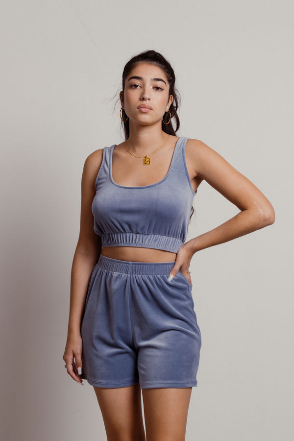 Cordae Velour Top and Short Lounge Set - Slate Blue