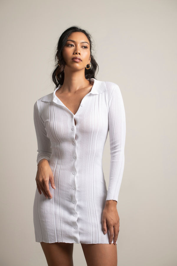 Last Call Long Sleeve Button Up Mini Dress - White