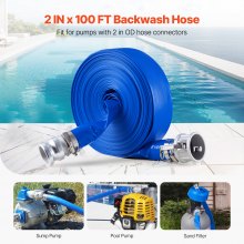 VEVOR Backwash Hose 2 in x 100 ft Blue High Quality Hose Complete Fittings