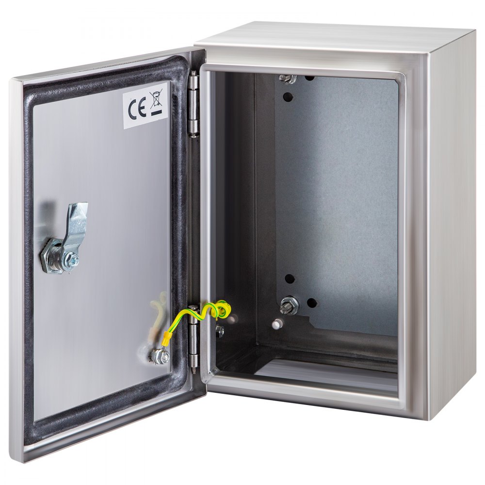 open stainless steel VEVOR nema 4x electrical enclosure with ce certification label.