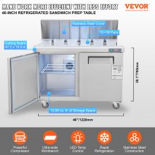 VEVOR Commercial Refrigerator, 48" Sandwich & Salad Prep Table, 12.85 Cu. Ft Thick Stainless Steel Refrigerated Food Prep Station with 12 Pans Cutting Board, 2 Door Fridge for Restaurant, Bar, Shop