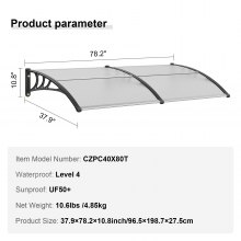 VEVOR Window Door Awning Canopy 40" x 80", UPF 50+ Polycarbonate Entry Door Outdoor Window Awning Exterior, Front Door Overhang Awning for Sun Shutter, UV, Rain, Snow Protection, Hollow Sheet