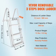 VEVOR Dock Ladder, Removable 3 Steps, 350 lbs Load Capacity, Aluminum Alloy Pontoon Boat Ladder with 4'' Wide Step & Nonslip Rubber Mat, Easy to Install for Ship/Lake/Pool/Marine Boarding