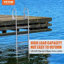 VEVOR Dock Ladder, Flip-Up 5 Steps, 350 lbs Load Capacity, Aluminum Alloy Pontoon Boat Ladder with 2'' Wide Step & Nonslip Rubber Mat, Easy to Install for Ship/Lake/Pool/Marine Boarding