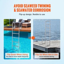 VEVOR Dock Ladder, Flip-Up 5 Steps, 350 lbs Load Capacity, Aluminum Alloy Pontoon Boat Ladder with 2'' Wide Step & Nonslip Rubber Mat, Easy to Install for Ship/Lake/Pool/Marine Boarding