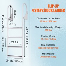 VEVOR Dock Ladder, Flip-Up 4 Steps, 350 lbs Load Capacity, Aluminum Alloy Pontoon Boat Ladder with 2'' Wide Step & Nonslip Rubber Mat, Easy to Install for Ship/Lake/Pool/Marine Boarding