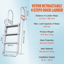 VEVOR Dock Ladder, Retractable 4 Steps, 350 lbs Load Capacity, Aluminum Alloy Pontoon Boat Ladder with 55.1''-67.1'' Adjustable Height, 4'' Wide Step & Rubber Mat, for Ship/Lake/Pool/Marine Boarding