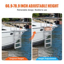 VEVOR Dock Ladder, Retractable 5 Steps, 350 lbs Load Capacity, Aluminum Alloy Pontoon Boat Ladder with 66.9''-78.9'' Adjustable Height, 4'' Wide Step & Rubber Mat, for Ship/Lake/Pool/Marine Boarding