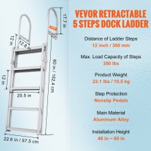 VEVOR Dock Ladder, Retractable 5 Steps, 350 lbs Load Capacity, Aluminum Alloy Pontoon Boat Ladder with 66.9''-78.9'' Adjustable Height, 4'' Wide Step & Rubber Mat, for Ship/Lake/Pool/Marine Boarding