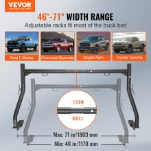 VEVOR Truck Rack, 46-71inch Width, 800 lbs Capacity, Extendable Steel Ladder Rack for Truck with 4 Non-Drilling J-bolts, Heavy Duty Truck Bed Rack Two-Bar Set for Kayak, Surfboard, Lumber, Ladder