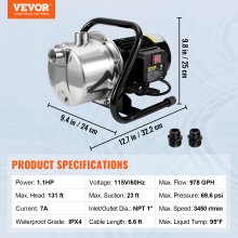 VEVOR Shallow Well Pump, 1.1 HP 115V, 978 GPH 131 ft Height, 69.6psi Max Pressure, Portable Stainless Steel Sprinkler Booster Jet Pumps for Garden Lawn Irrigation system, Lake Fountain, Water Transfer