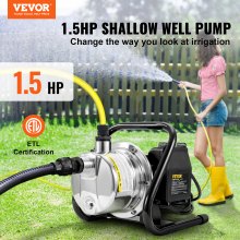 VEVOR Shallow Well Pump, 1.5 HP 115V, 1200 GPH 164 ft Height, 87 psi Max Pressure, Portable Stainless Steel Sprinkler Booster Jet Pumps for Garden Lawn Irrigation system, Lake Fountain, Water Transfer