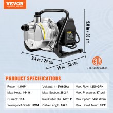 VEVOR Shallow Well Pump, 1.5 HP 115V, 1200 GPH 164 ft Height, 87 psi Max Pressure, Portable Stainless Steel Sprinkler Booster Jet Pumps for Garden Lawn Irrigation system, Lake Fountain, Water Transfer