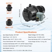 VEVOR 1HP Premium Cast Iron Shallow Well Jet Water Pump, 115 Volt, 17.6 GPM 164 FT Maximum Head Irrigation Water Pump, for Agricultural Garden Irrigation System High-Rise Water Supply Shower Booster