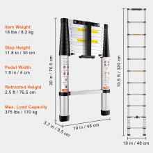 VEVOR Telescoping Ladder, 10.5 FT Aluminum One-button Retraction Collapsible Extension Ladder, 375 LBS Capacity w/ Non-slip Feet, Portable Multi-purpose Compact Ladder for Home, RV, Loft, ANSI Listed