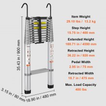 VEVOR Telescoping Ladder, 15 FT Aluminum One-button Retraction Collapsible Extension Ladder, 400 LBS Capacity with Non-slip Feet, Portable Multi-purpose Compact Ladder for Home, RV, Loft, ANSI Liste